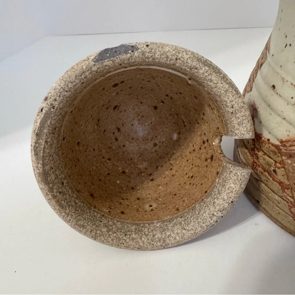 Vintage Wagner Village Pottery Honey Pot Jar Wood Dipper Signed Stoneware Lidded